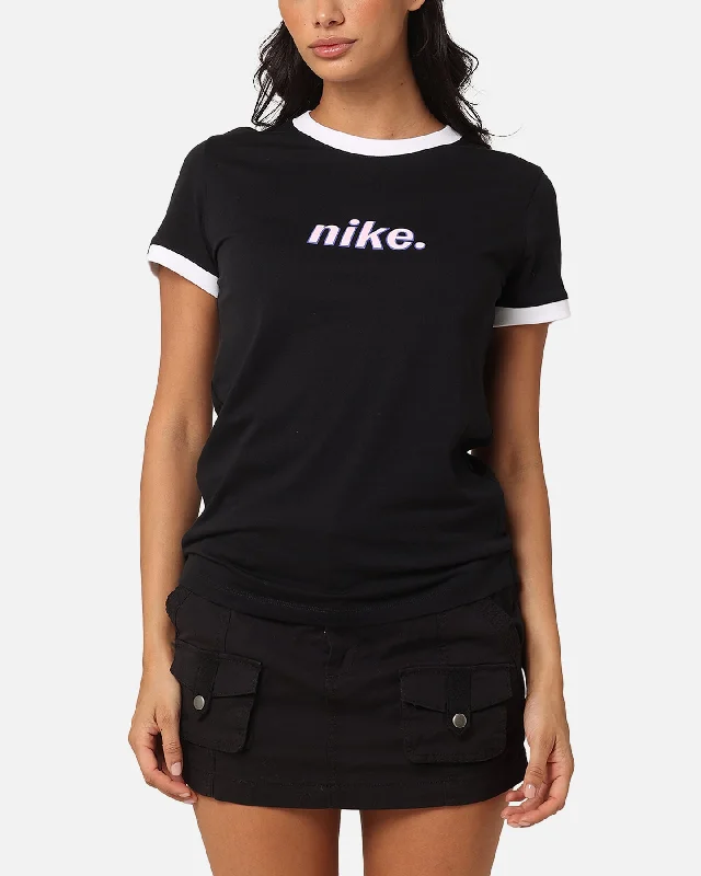 Nike Women's Sportswear Ringer T-Shirt Black/White Elasticated Padded Insulated