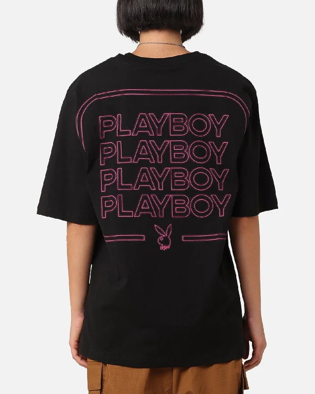 Playboy Neon Stack T-Shirt Black/Pink Spandex Blend Rayon Blend Denim Blend