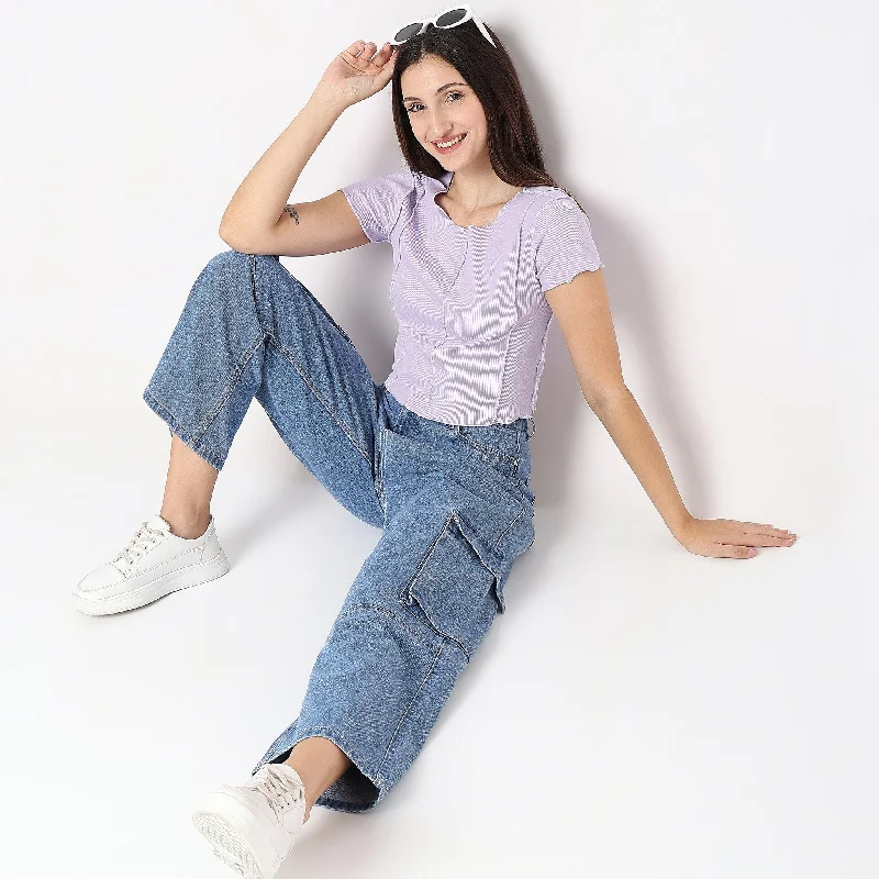 Regular Fit Lace T-Shirt Denim Fabric Leather Fabric Suede Fabric