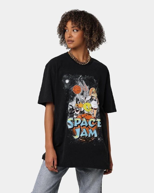 Space Jam The Jam VintageT-Shirt Washed Black Ribbed Striped Patterned