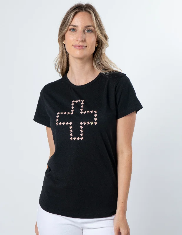 Stella + Gemma T-Shirt - Black Antique Rose Cross Graphic Embroidered Appliqued
