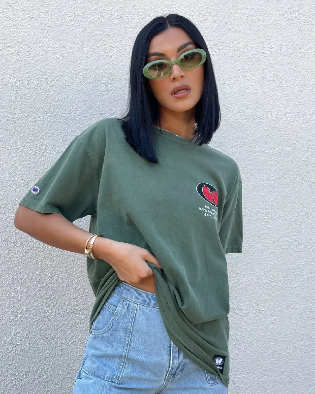 Wu Wear Merch Logo Vintage T-Shirt Washed Green Nylon Fabric Polyester Fabric Spandex Fabric Wu Wear Merch Logo Vintage T-Shirt Washed Green Nylon Fabric Polyester Fabric Spandex Fabric