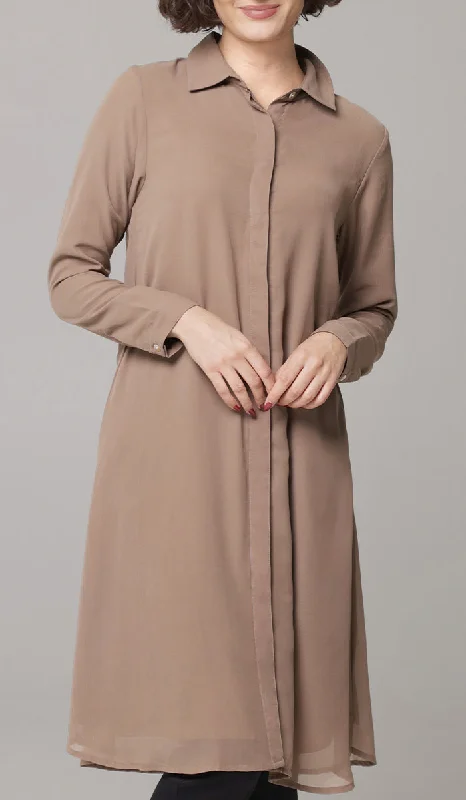 Asra Long Flowy Buttondown Shirt Jacket - Mocha - PREORDER (ships in 2 weeks)