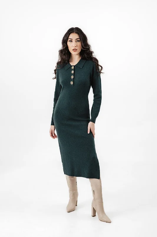 Brandy Henley Sweater Dress - Evergreen Velvet Chenille Corduroy