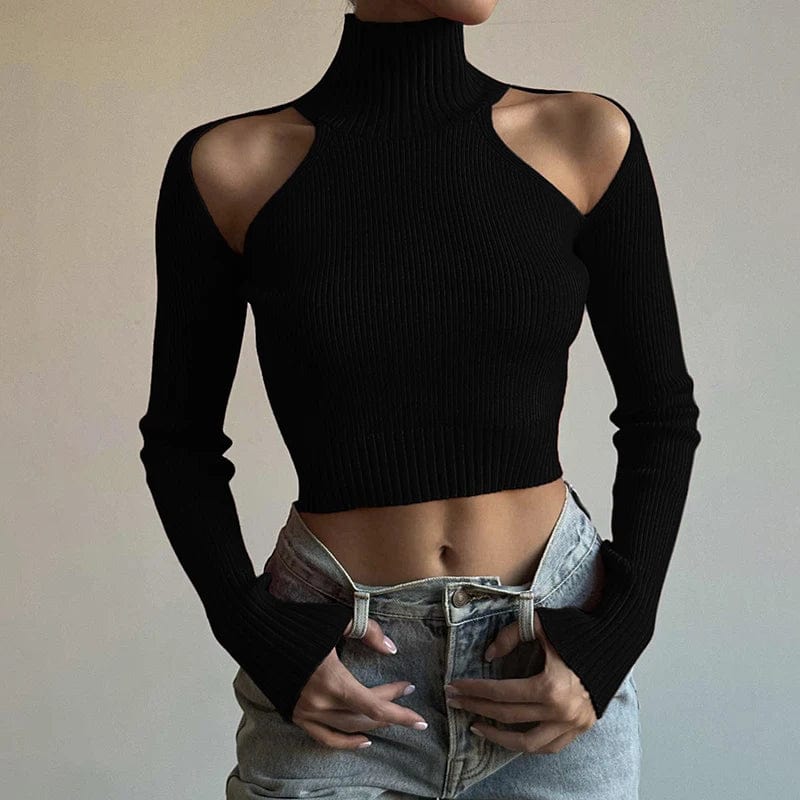 Chic Streetwear Vibes: Black Turtleneck Sweater with Off-Shoulder Hollow Out Design for Casual Elegance Striped Floral Plaid