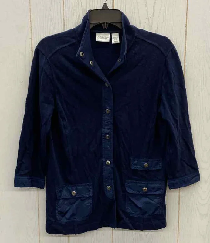 Chico's Navy Womens Size Small Sweater Hooded Sweater Collared Sweater Shawl Collar