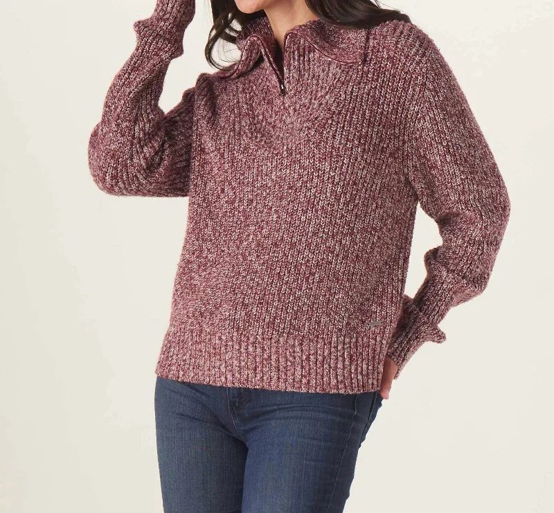 Dani Quarter Zip Sweater In Oxblood Zippered Front Buttoned Front Snap Front