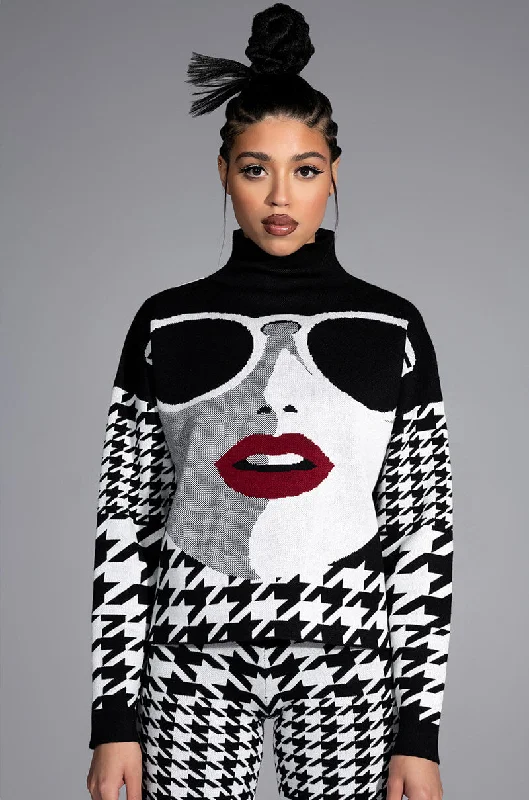JET SET MOCK NECK SWEATER Herringbone Houndstooth Plaid