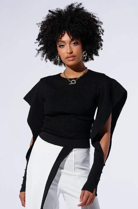 JULIA LONG SLEEVE SWEATER IN BLACK Ribbed Striped Patterned