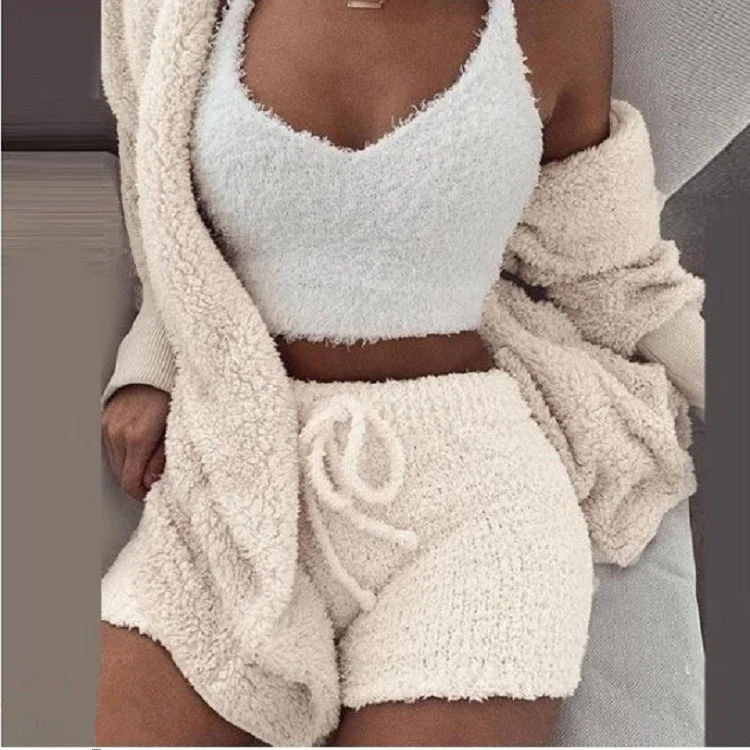 FZ Women's Sweater 3-piece  Shorts Suit Mesh Fabric Canvas Fabric Denim Fabric