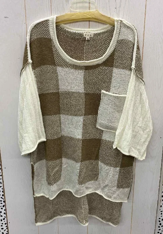 POL Brown Womens Size S/M Sweater Herringbone Houndstooth Plaid