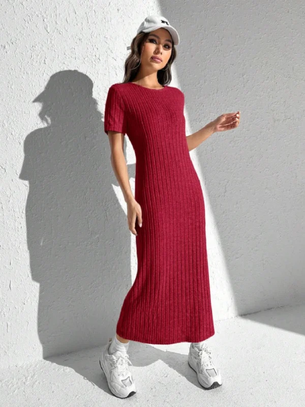 Blue Zone Planet |  Slit Round Neck Short Sleeve Sweater Dress Fitted Loose Oversized