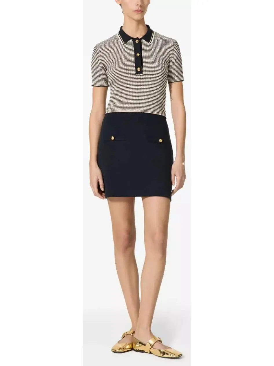 Stripe Short Sleeve Polo Sweater Dress Toggled Drawstring Belted