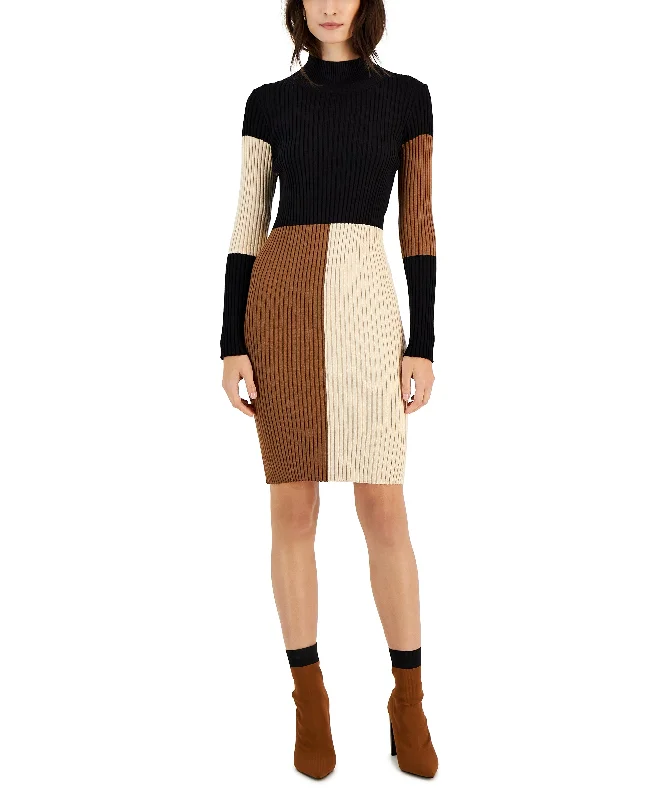 Taylor Womens Colorblocked Ribbed Long Sleeve Sweater Dress Elasticated Padded Insulated