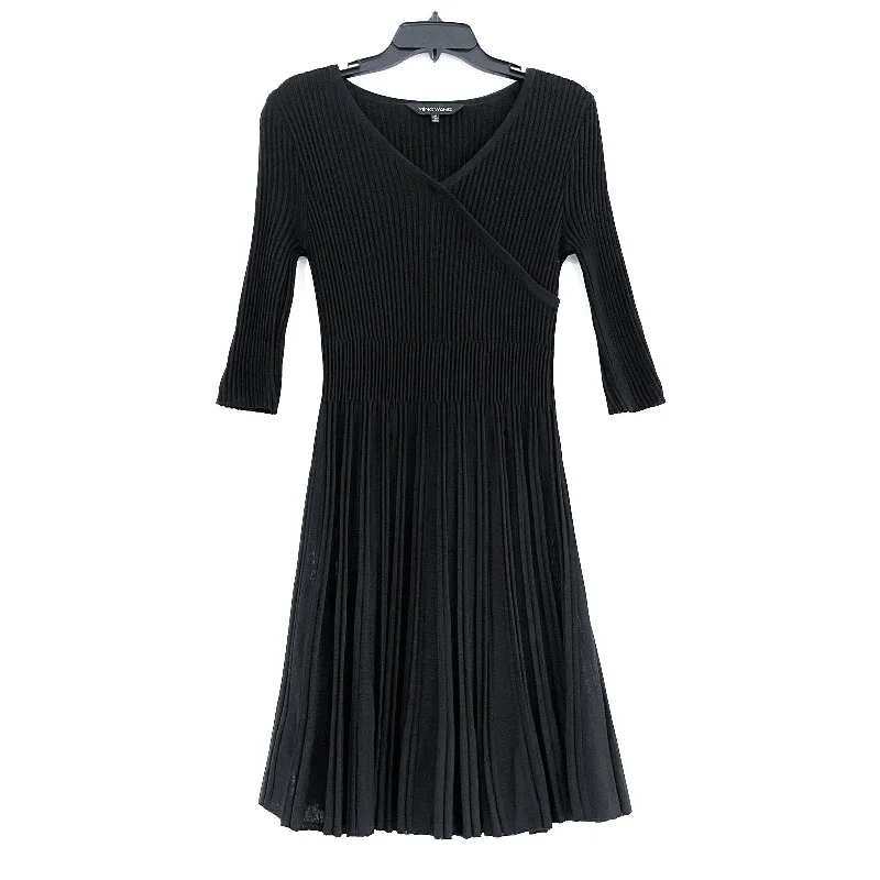 Wmns MING WANG Black 3/4 Sleeve A-Line Cool Airy Ribbed Sweater Dress Sz M Satin Blend Silk Blend Wool Blend
