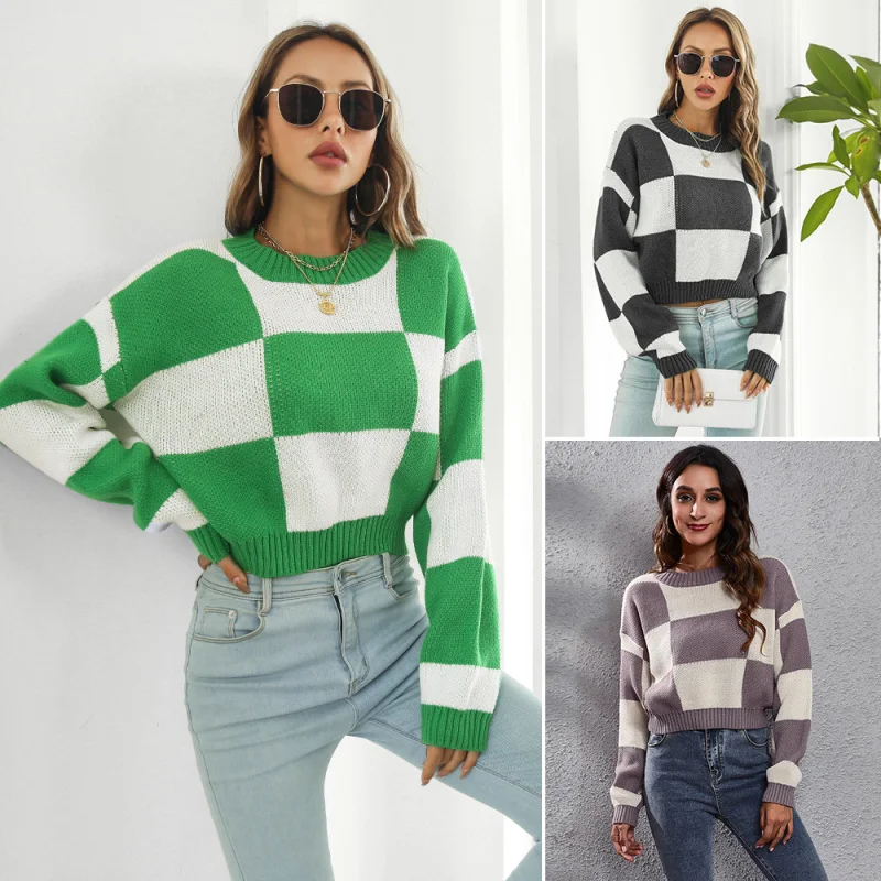 Women Simple Long Sleeve Plaid Jacquard Loose Knit Sweater Polka Dot Checkered Tartan