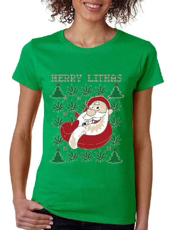 Women's T Shirt Santa Litmas Merry Christmas Ugly Sweater Glossy Satin Silk