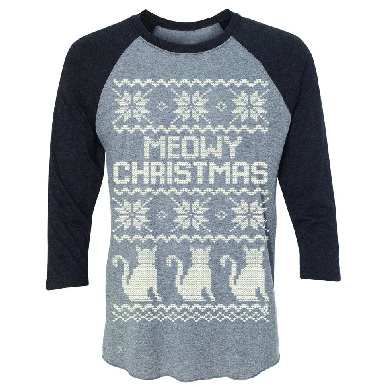 Zexpa Apparel™ Meowy Christmas Snow Flakes Cool 3/4 Sleevee Raglan Tee Ugly Sweater Tee Handmade Hand-knitted Hand-woven