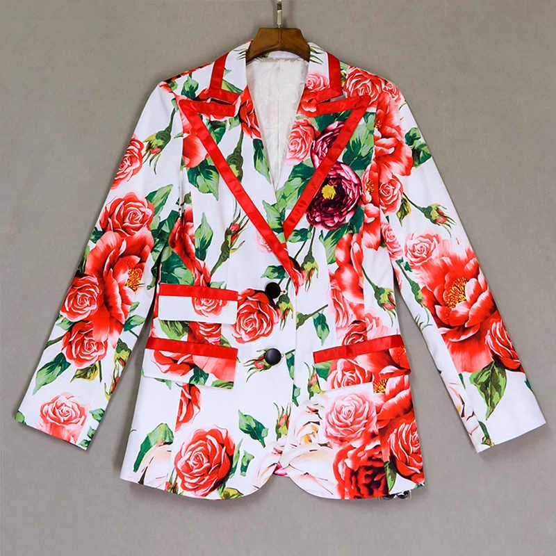 High Quality 2022 Autumn Newest Blazer Feminino High Street White Red Floral Print Slim Sweet Women Tops Jacket Clothing