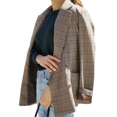 high quality  Women Spring autumn Plaid Long Loose Blazer double breasted Blazer Long Sleeve Suit Jacket Female Casual Coat