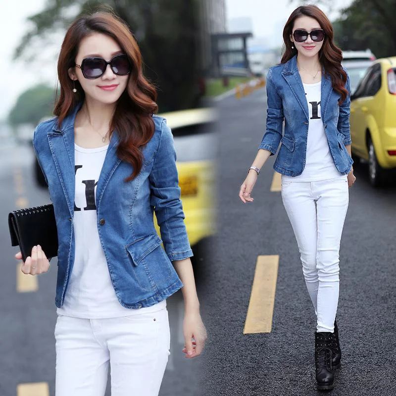 Hot 2022 Elegant Jackets For Women Denim Blazer Short Fashion Slim Blue Suit Coats Plus Size Female Jacket Designs Blazers 3XL