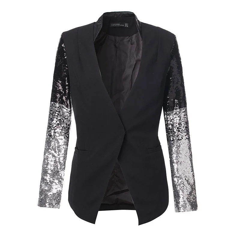 Spring Autumn Women Jacket  Work Female Suit Long Sleeve Lapel Silver Black Sequins Elegant Ladies Feminino Plus Size S-4XL