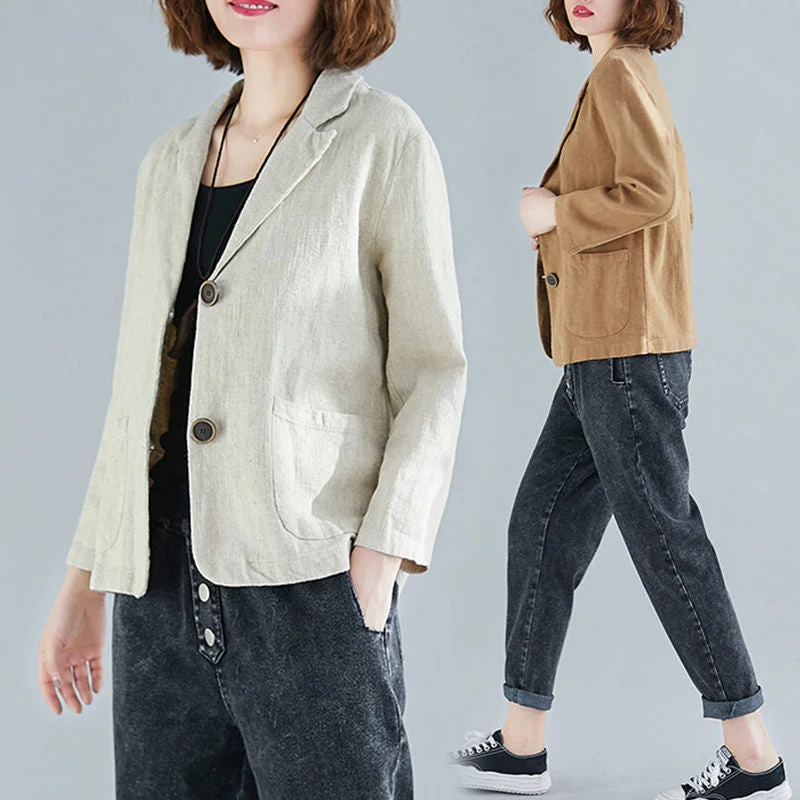 Spring Summer Short Coat Cotton and linen Blazer Suit Collar Jacket Women's Casual Solid Color 3/4 Sleeves Shirt  f2879