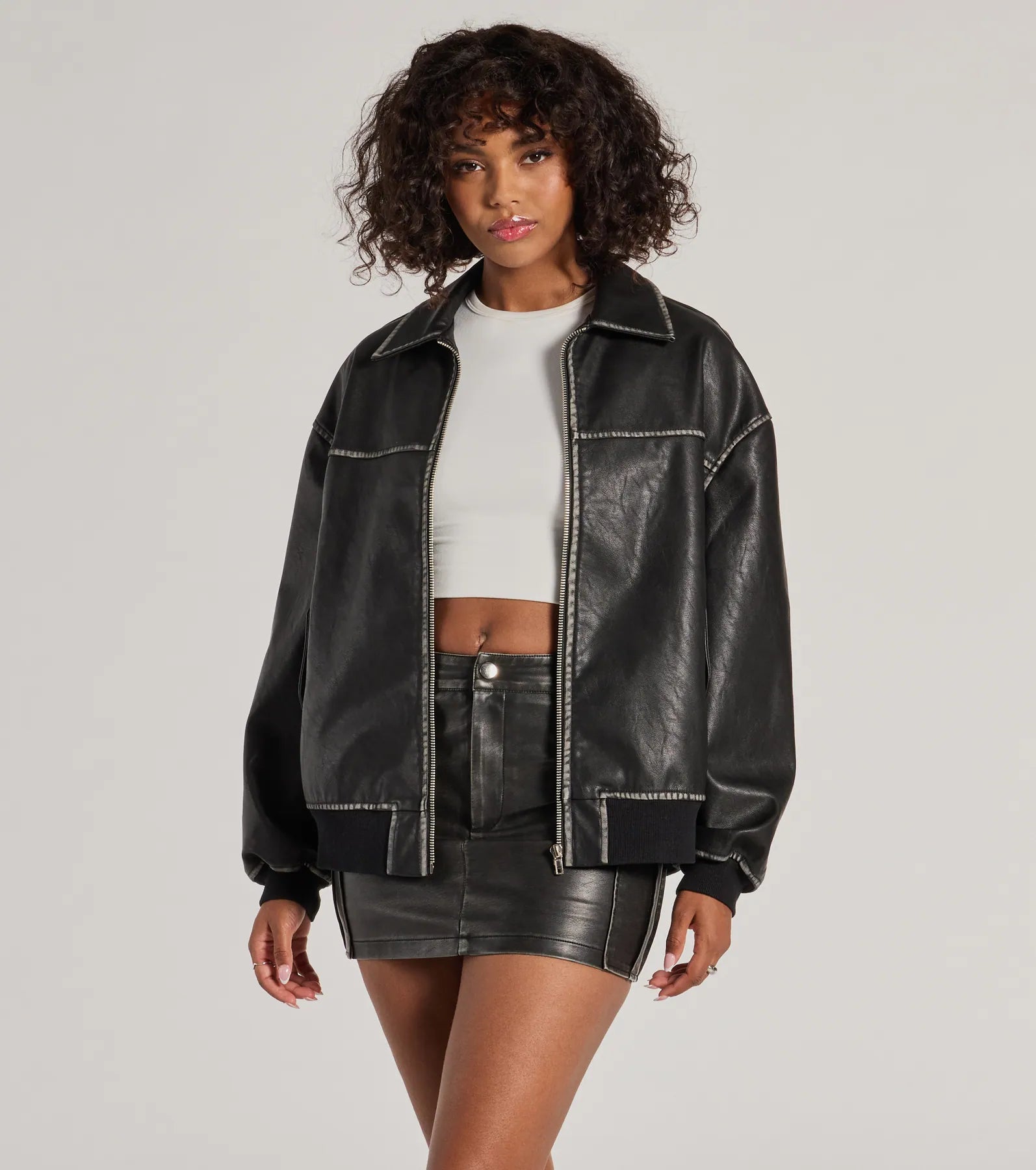 Vintage Chic Faux Leather Oversized Bomber Jacket