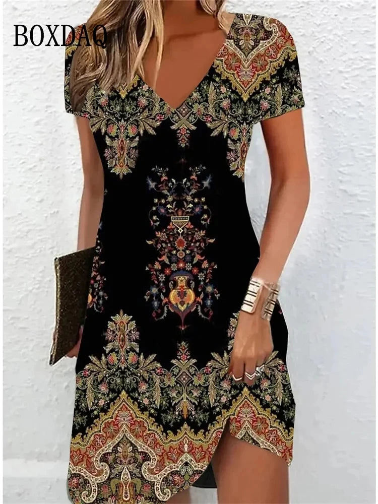 Retro Women Dresses Ethnic Style Floral Print Loose Midi Dress Plus Size Casual Short Sleeve Pullover V-Neck Dress Sundress