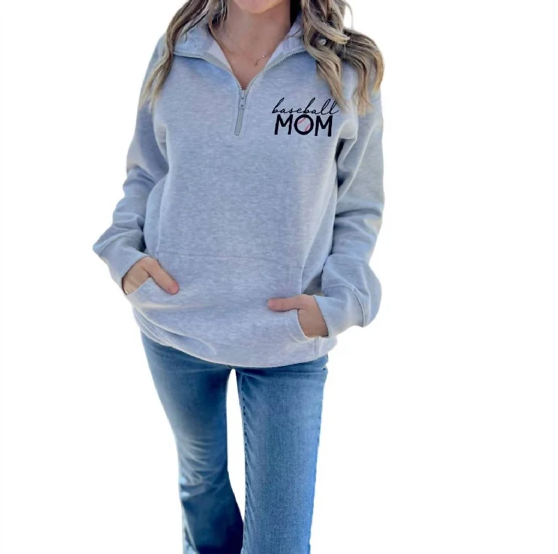 Baseball Mom - Quarter Zip Sweatshirt In Light Heather Grey Hoodie with Toggle Buttons Decorative Unique Baseball Mom - Quarter Zip Sweatshirt In Light Heather Grey Hoodie with Toggle Buttons Decorative Unique