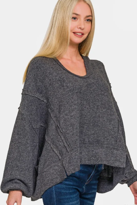 Brushed Hacci Exposed Seam Hoodie Hoodie with Relaxed Fit Easy Casual