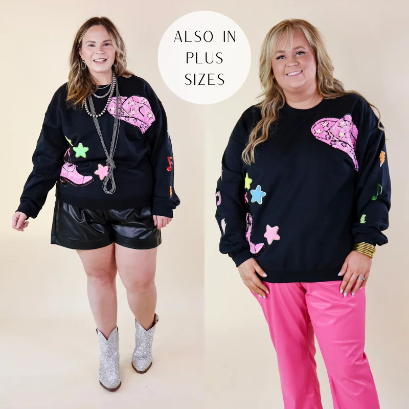 Nashville Lights Chenille and Sequin Patch Graphic Sweatshirt in Black Hoodie with Zipper Placket Modern Functional Nashville Lights Chenille and Sequin Patch Graphic Sweatshirt in Black Hoodie with Zipper Placket Modern Functional
