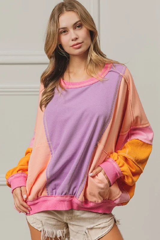 Color Block Exposed Seam Sweatshirt with Pockets Hoodie with Drop Shoulder Relaxed Streetwear