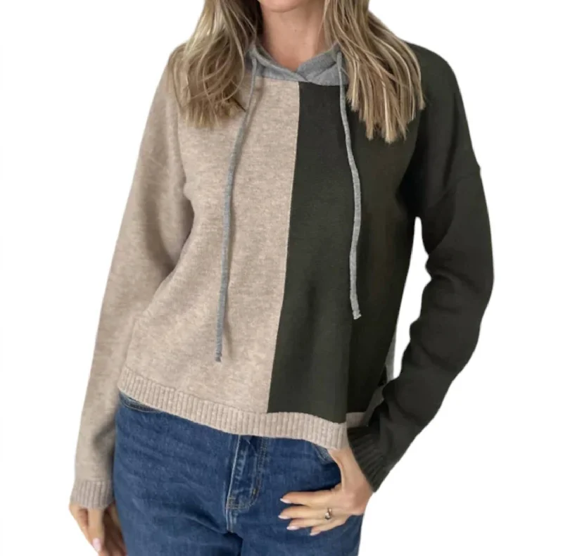Colorblock Hoodie In Latte/olive Hoodie Jacket Zipper Layering