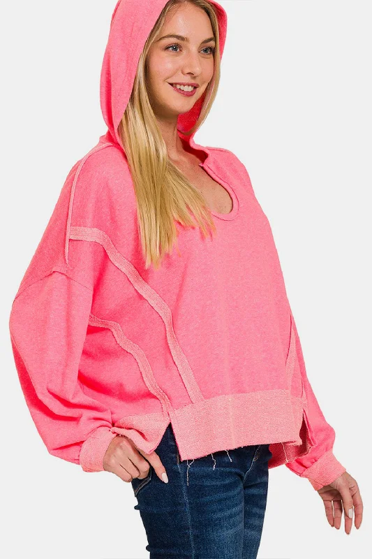 Contrast Trim Slit Hoodie Hoodie with Metallic Shiny Futuristic