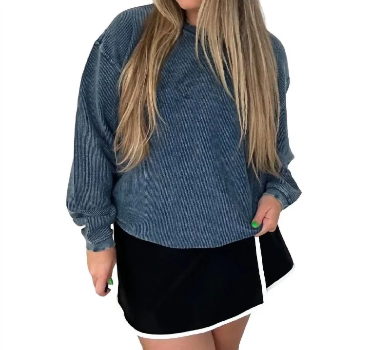 Corded Crew Sweatshirt In Navy Hoodie with Double Zipper Versatile Adjustable