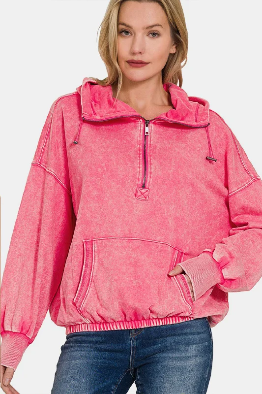 Drawstring Half Zip Dropped Shoulder Hoodie Hoodie with Rolled Sleeves Casual Relaxed Drawstring Half Zip Dropped Shoulder Hoodie Hoodie with Rolled Sleeves Casual Relaxed