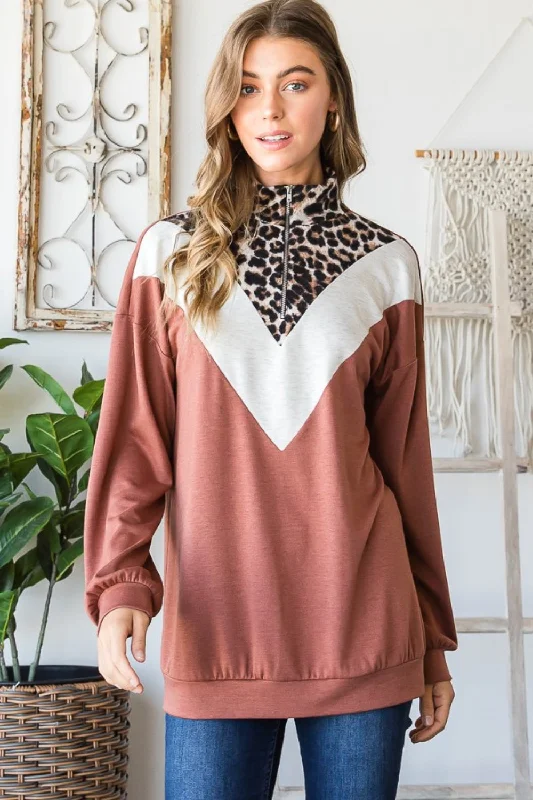 Full Size Leopard Quarter Zip Mock Neck Sweatshirt Hoodie with Raw Hem Edgy Unfinished Full Size Leopard Quarter Zip Mock Neck Sweatshirt Hoodie with Raw Hem Edgy Unfinished