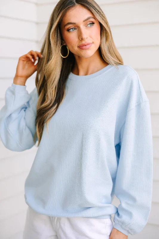 Get Together Light Blue Corded Sweatshirt Hoodie with Hem Contrast Bold Stylish