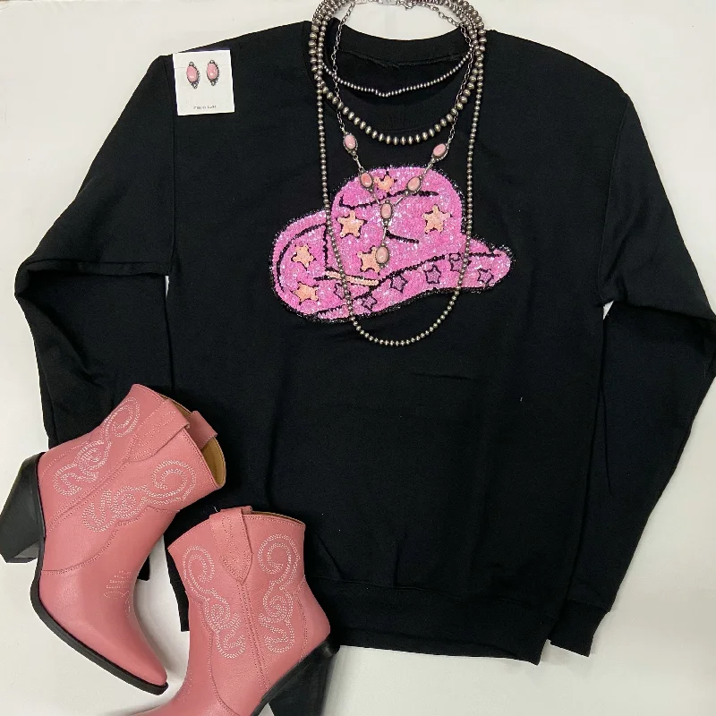 All Hat And Some Cowgirl Sequin Patch Graphic Sweatshirt in Black Hoodie with Lace Feminine Delicate