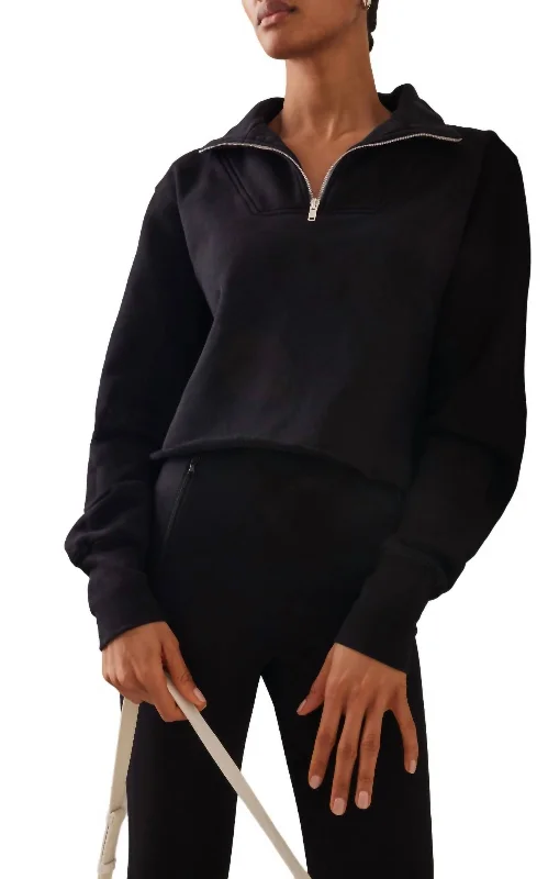 Haley Crop Half Zip Pullover Sweatshirt In Vintage Black Hoodie with Hem Frayed Vintage Worn