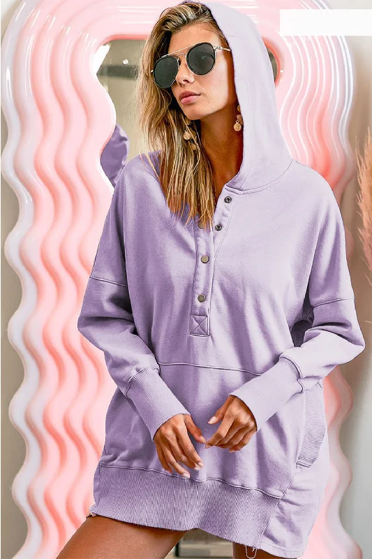 Half Snap Dropped Shoulder Hoodie Hoodie with V-Neck Classic Versatile