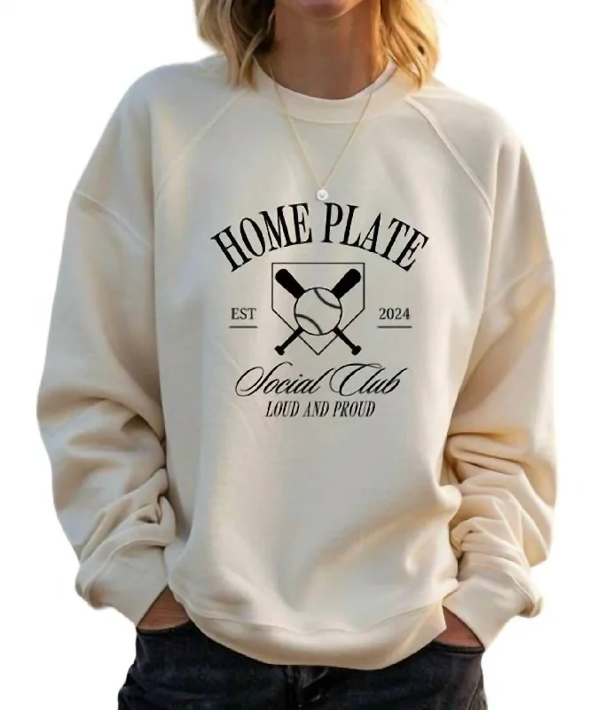 Homeplate Social Club Crewneck Sweatshirt In Cream Hoodie with Turtle Neck Cozy Winter