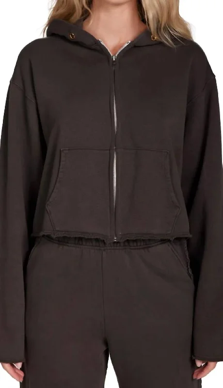 Rosa Raw Zip Hoodie In Vintage Black Hoodie with Hem Raw Edge Edgy Unfinished