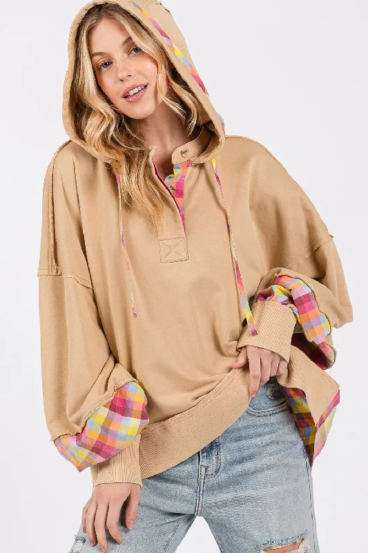 SAGE + FIG Full Size Plaid Print Washed Hoodie Hoodie with Mock Neck Collared Structured SAGE + FIG Full Size Plaid Print Washed Hoodie Hoodie with Mock Neck Collared Structured