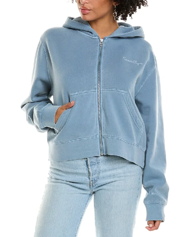 Samii Ryan Denim Wash Zip Up Hoodie Hoodie with High-Low Hem Asymmetrical Trendy