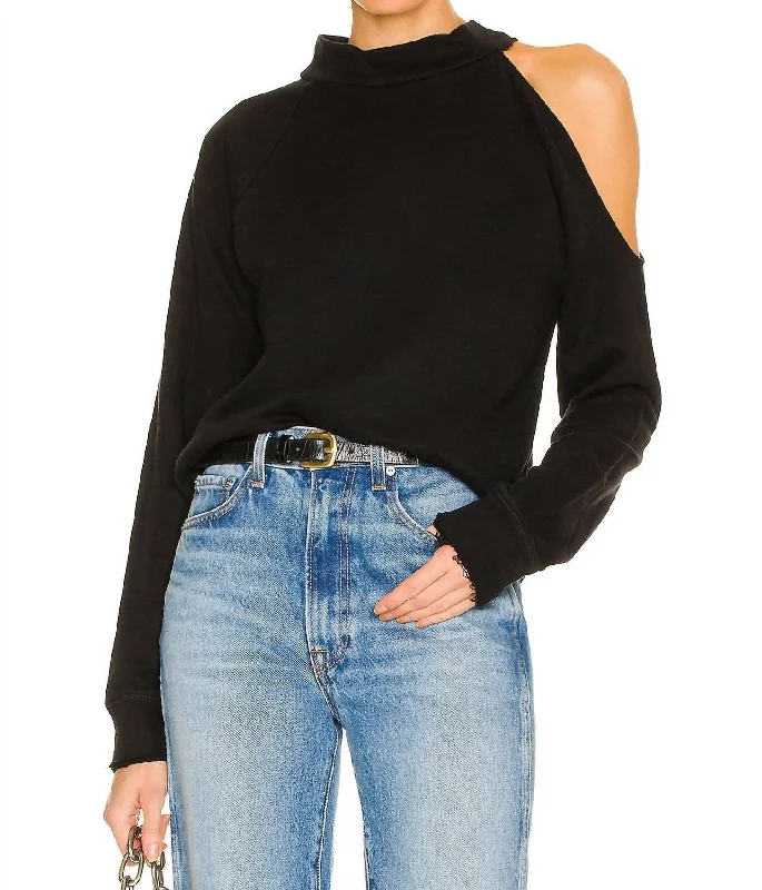 Vented Shoulder Long Sleeve Mock Neck Raglan Pullover In True Black