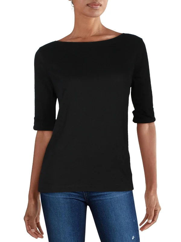 Womens Crewneck Elbow Sleeve Pullover Top