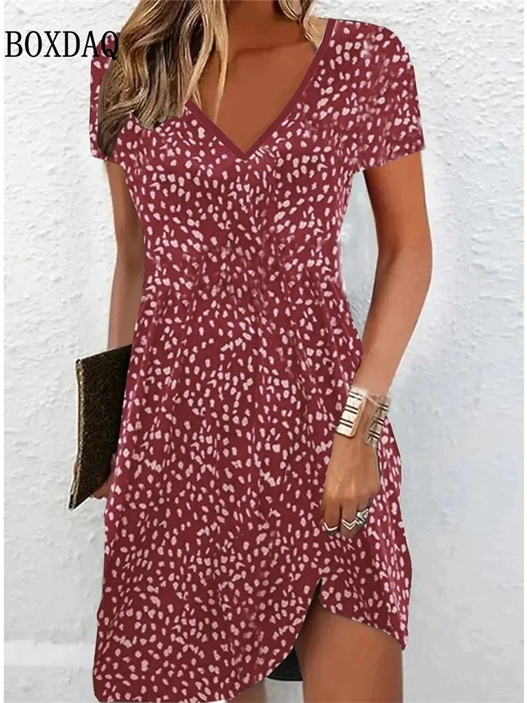 Women's Fashion Short Sleeve Casual Dress Summer Pullover Floral Print V Neck Midi Dress Loose Plus Size Female Clothes Sundress