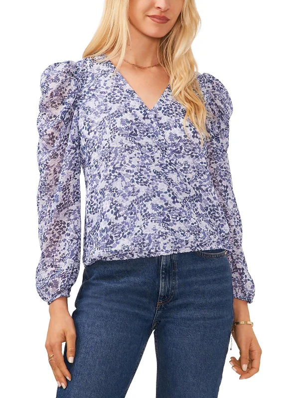 Womens Floral Print Puff Sleeves Pullover Top